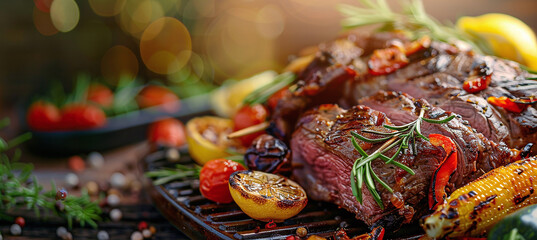 Delicious grilled beef with vegetables and lemon on the table
