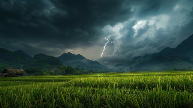 Storms, dark clouds, and terrifying lightning in the rice fields