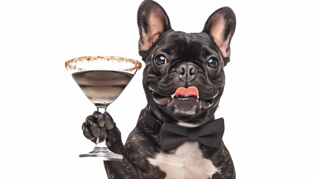 French bulldog dog holding martini cocktail glass ready to have fun and party, isolated on white background