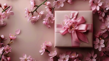Pink Ribbon Gift Surrounded by Flowers
