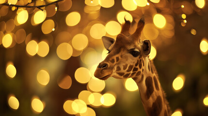 Girafa isolada e ao fundo luzes amarelas - Papel de parede - obrazy, fototapety, plakaty