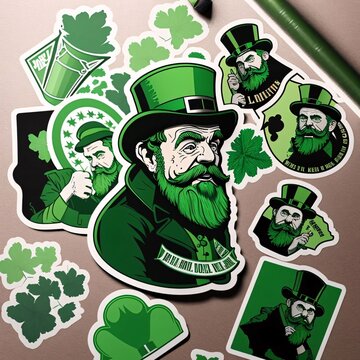Scattered green stickers depicting green leaves and leprechauns in green outfits. Green color symbol of St. Patrick's Day.