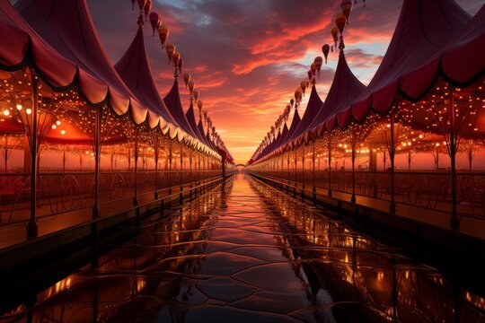 Tents by water at sunset create symmetrical reflection in sky