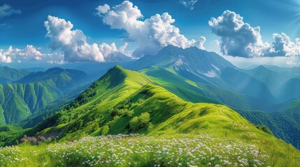 Green Mountain With White Flowers