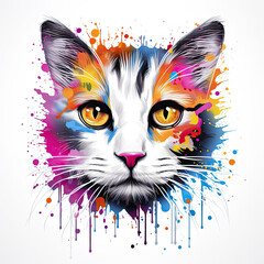 illustration cat face with colorful splashes Isolated on white background