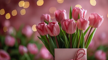 Bouquet of Pink Tulips on Blue Background