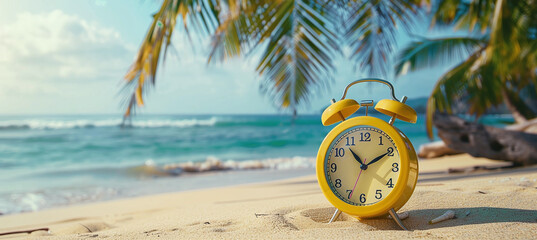 yellow alarm clock on a tropical beach near the ocean and palm trees, rest time, vacation, travel - obrazy, fototapety, plakaty