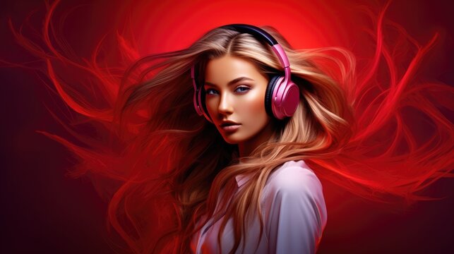Young woman with gorgeous lush hair listening to music with headphones