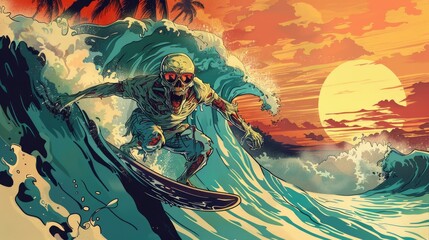 Cartoon zombie surfing on a giant wave under the scorching sun, sunglasses on, with a tropical beach background