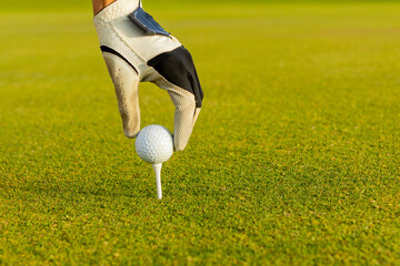 Close-up of a hand placing a golf ball on a tee