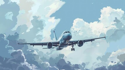 Illustration a public passengers airplane take of on the cloudy sky background. AI generated