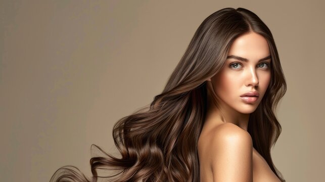 Gorgeous Model for Hair Products Advertise, Beautiful and Shiny Hair, Beige Background