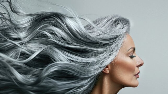 Long Gray Hair Flying, Middle-aged Model Profile with Eyes Closed, White Background, Studio Photo