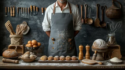 Deurstickers A baker's apron and tools neatly arranged. AI generate illustration © PandaStockArt