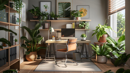 Urban Home Office with Exposed Brick and Plants