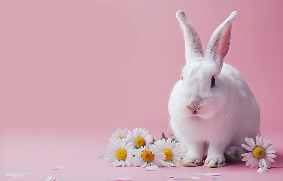 Coelho branco com flores sobre fundo rosa com espa&ccedil;o para texto, conceito de p&aacute;scoa