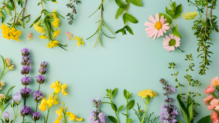 Fototapeta na wymiar Overhead View of Various Herbs and Edible Flowers on Pale Green Background