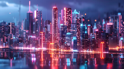 Obraz premium 3D Rendered Futuristic Cityscape at Night with Glowing Lights