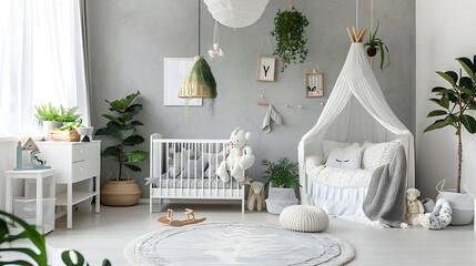 A neutral-toned nursery room that combines modern stylishness with classic baby furnishings
