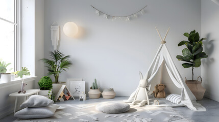 A whimsical child's room featuring a cute teepee tent and plush bunny, set in a neutral palette