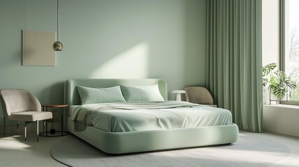 An inviting bedroom with a minimalist bed in muted mint green, enhanced by simplistic yet elegant furnishings.