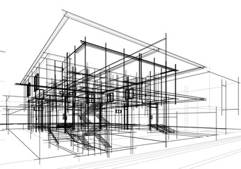 Architectural sketch of a house 3d illustration	