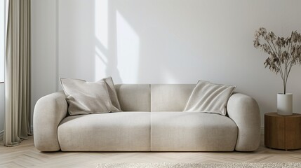 A modern minimalist sofa in soft beige, adorned with a single throw pillow in a cozy living room setting.