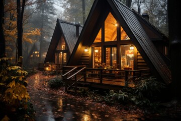 Row of timber cabins nestled in the forest under a starry night sky - obrazy, fototapety, plakaty