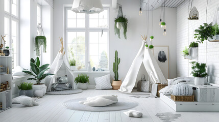 Dreamy children's bedroom featuring a delightful tepee play area, white brick walls, and fresh...