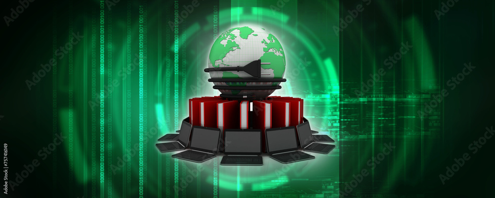 Poster 3d rendering technology computer network with book near optical cable connected globe