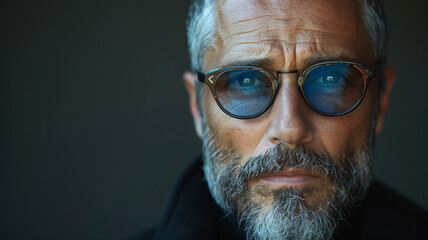 Intense man with piercing blue eyes and silver beard.
