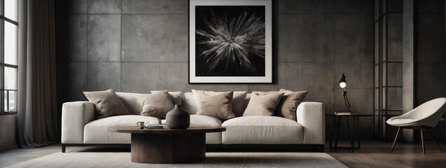 Rustic cabinet and white tufted sofa against a concrete wall with art poster, defining a modern and minimalist living room in an urban home interior.