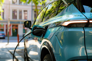 Charging an electric car in the city. Electric vehicle charging station - 757416157
