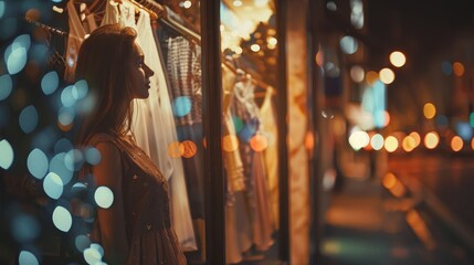 A stylish woman is seen window shopping, with the vibrant bokeh of city lights creating a dreamy, aspirational atmosphere - obrazy, fototapety, plakaty