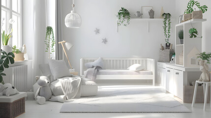 Bright and airy children's bedroom designed in Scandinavian style with a comfortable reading nook - obrazy, fototapety, plakaty
