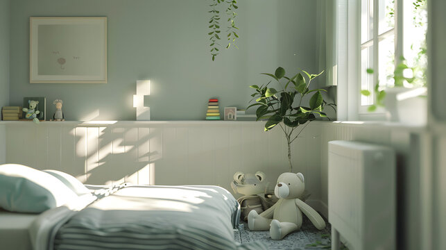 A serene bedroom image with soft morning light filtering through window, highlighting cozy bed and plants