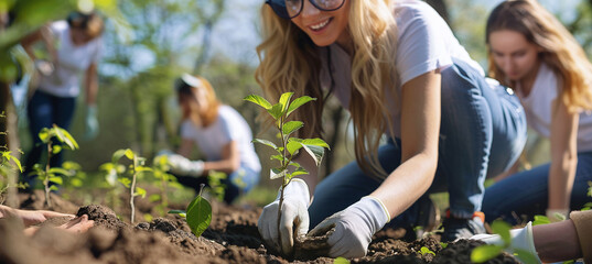 Volunteers plant trees together as part of an environmental campaign - obrazy, fototapety, plakaty