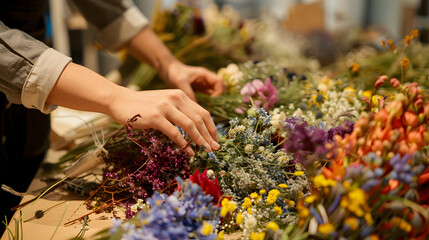 Hands Crafting Bouquets with Colorful Flowers at Workshop