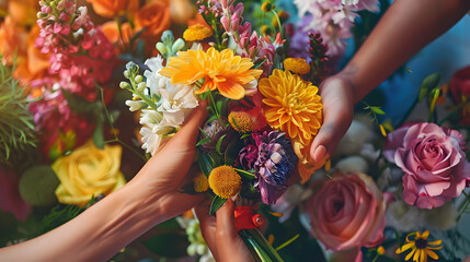 Creative Hands Assembling a Vibrant Floral Bouquet