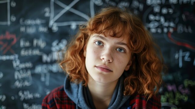 young student in a classroom with blackboard in the background - Powered by Adobe