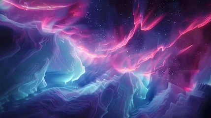 Zelfklevend Fotobehang Ethereal Holographic Mountains with Neon Highlights © tongpanyaluk