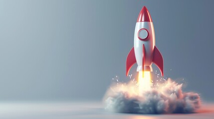 A rocket take off to launch from earth isolated on gray background. AI generated image