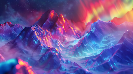 Vibrant Holographic Aurora Over Mountain Peaks