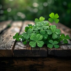 Green four-leaf clovers on wooden table, smudged background. Green four-leaf clover symbol of St. Patrick's Day.