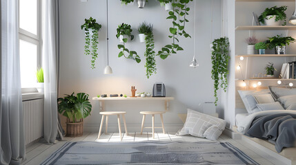 A cozy and stylish home office with green hanging plants and natural light creating a refreshing workspace