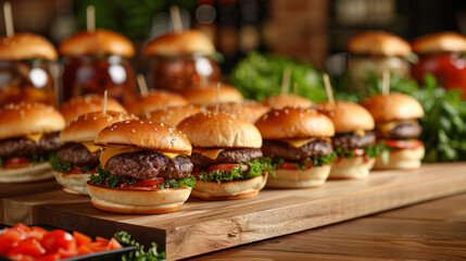 Delicious gourmet burgers lined up with fresh green lettuce, tomato, and cheese on wooden boards on...