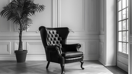 classic design armchair with winged back and button, a Mid Back Armchair with Tufted Button Accents Solid Fir Wood Legs in Black. Interior Furniture, Club Chair in Soft Vibrant Generative Ai