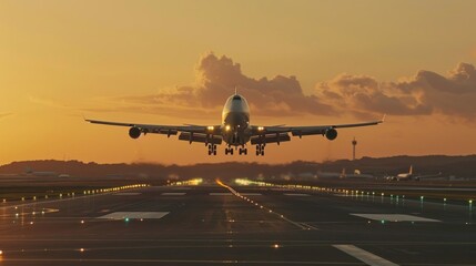 A large airplane take off from an airport at sunset day. AI generated image
