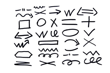 Various abstract lines and symbols drawn by hand on a white background	
