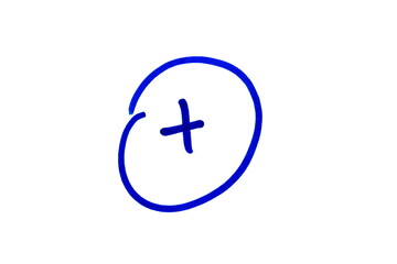 There is a circle drawn with a blue marker on a white background, and a plus sign is drawn inside the circle.